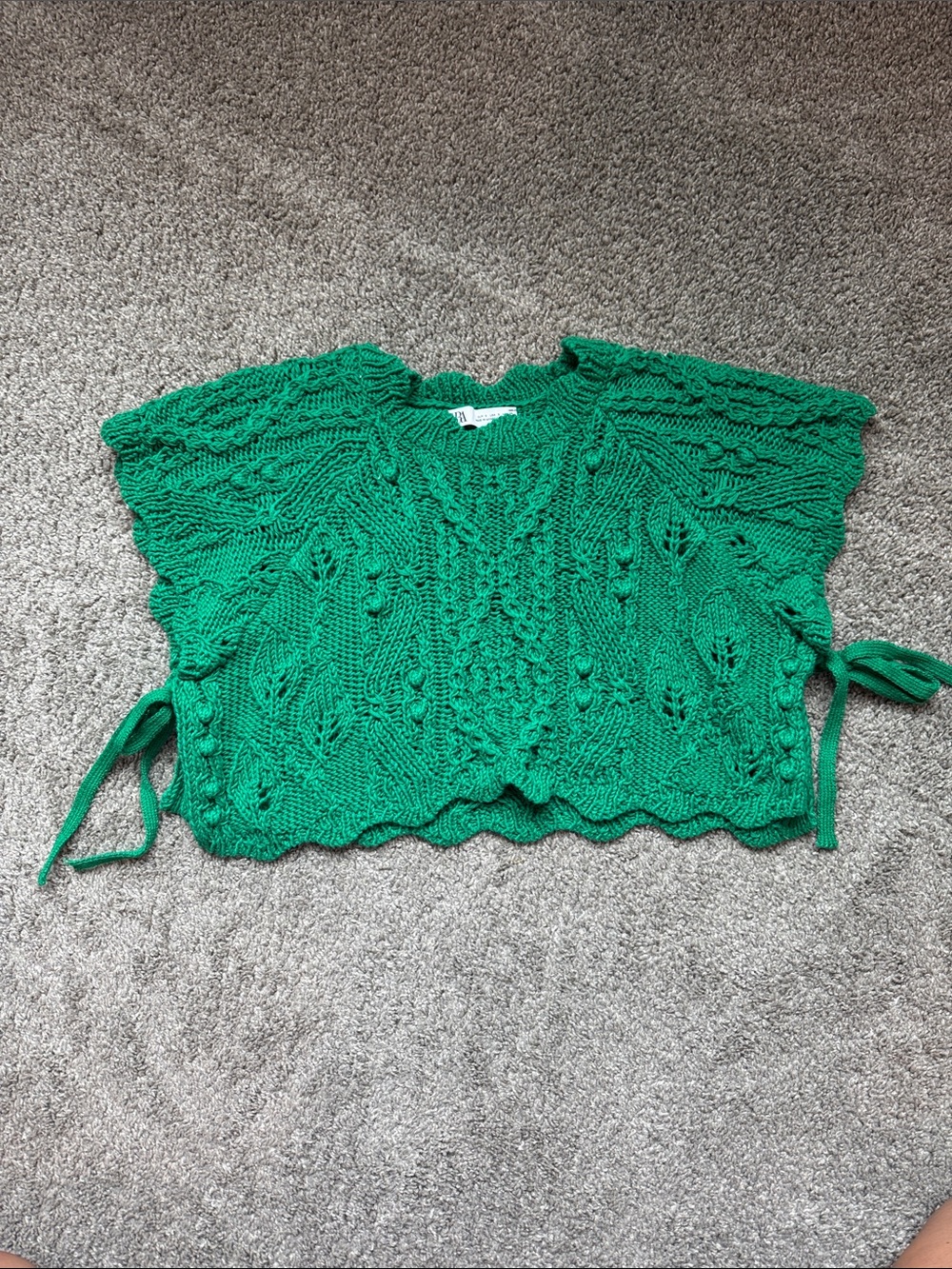 Zara Green Knit Short-Sleeve Crochet Sweater Top